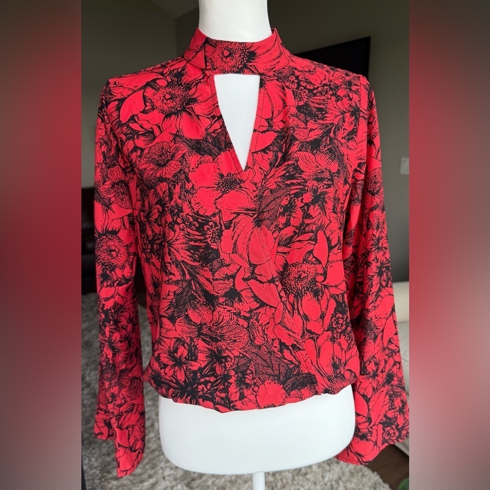 Allison Joy XS Vibrant Red and Black Long Sleeve Mock Neck Floral Blouse - Picture 1 of 8